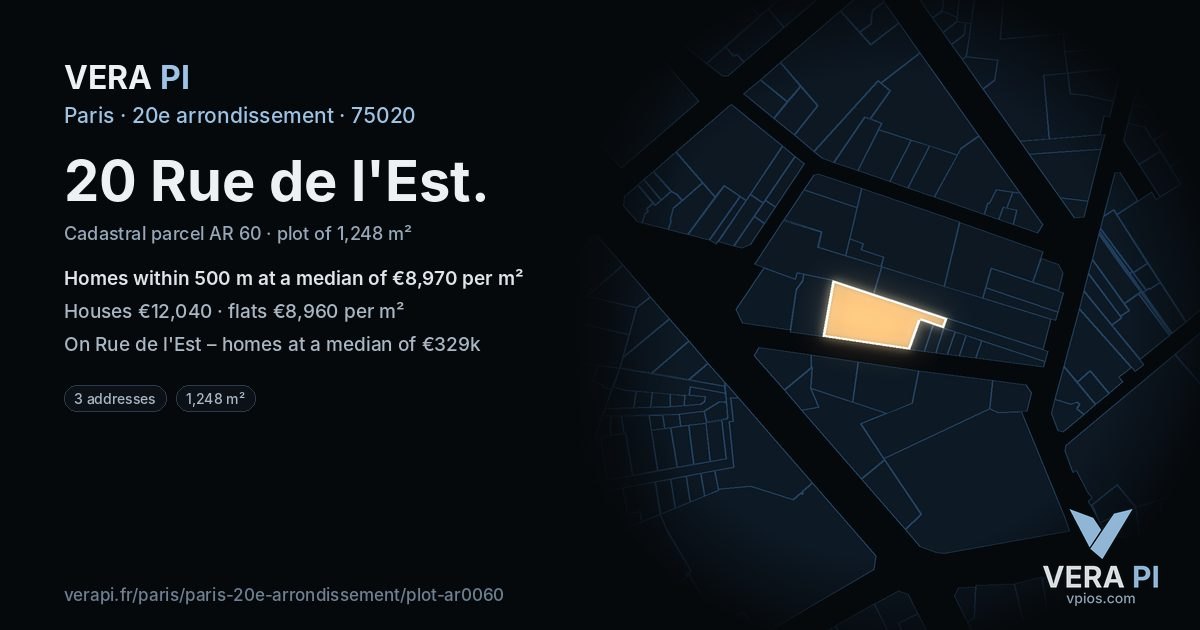 20 Rue de l'Est, 20e arrondissement at night – the plot lit, the parcels around coloured by the prices near them