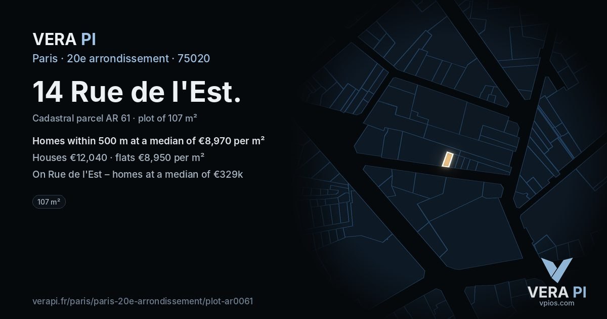 14 Rue de l'Est, 20e arrondissement at night – the plot lit, the parcels around coloured by the prices near them