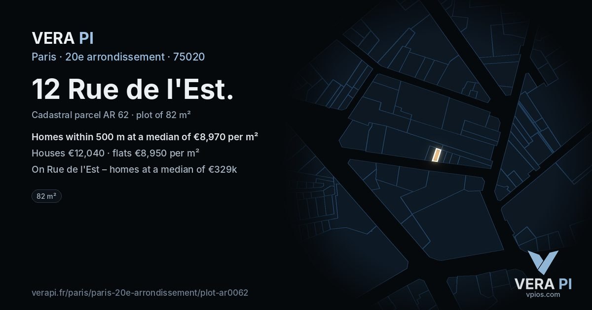 12 Rue de l'Est, 20e arrondissement at night – the plot lit, the parcels around coloured by the prices near them