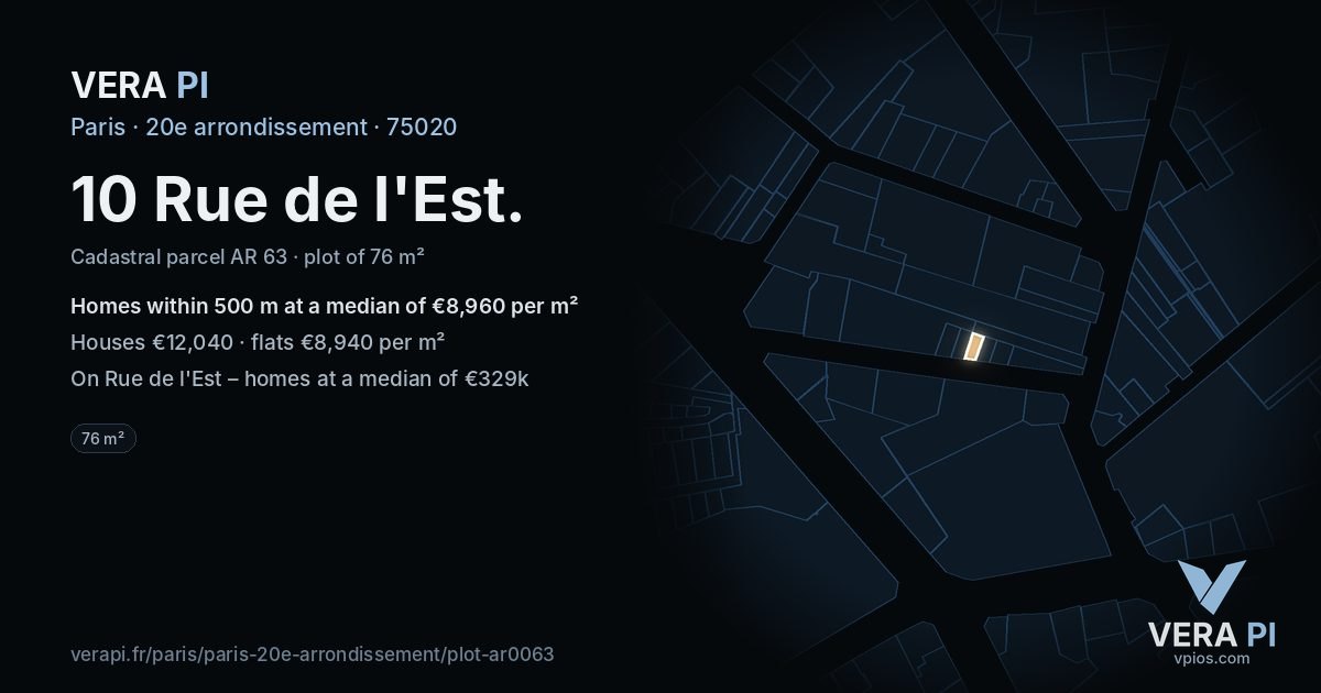 10 Rue de l'Est, 20e arrondissement at night – the plot lit, the parcels around coloured by the prices near them