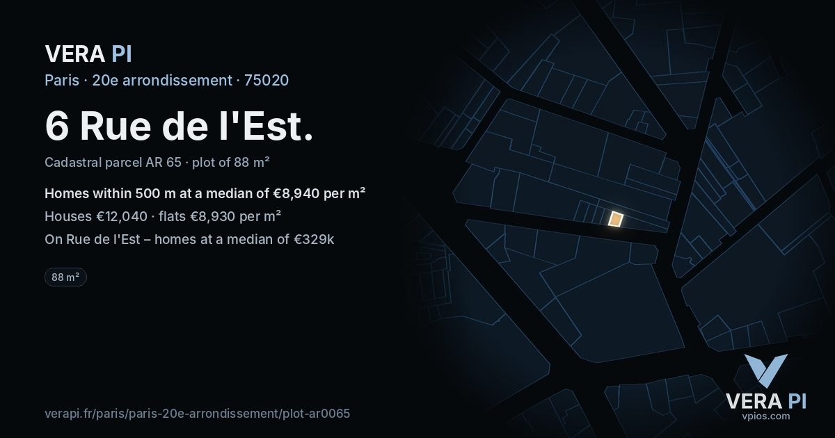6 Rue de l'Est, 20e arrondissement at night – the plot lit, the parcels around coloured by the prices near them