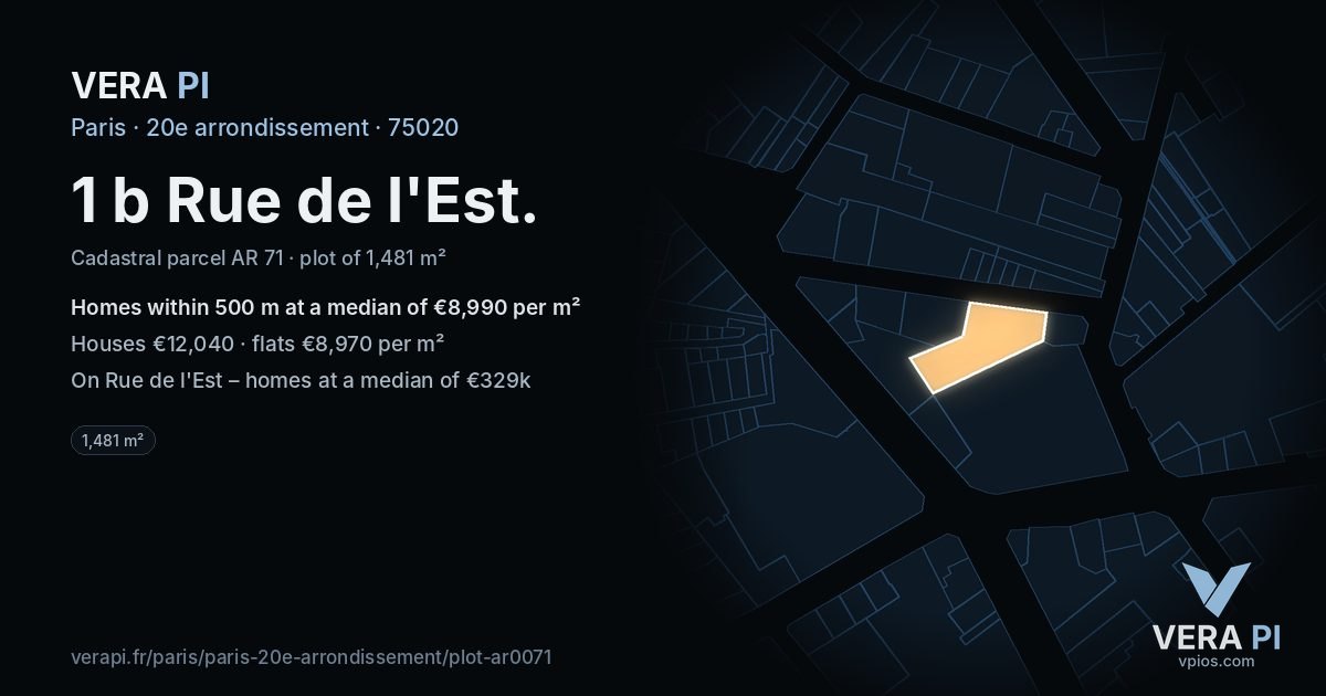 1 b Rue de l'Est, 20e arrondissement at night – the plot lit, the parcels around coloured by the prices near them