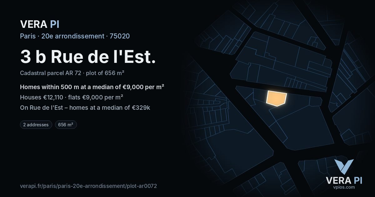 3 b Rue de l'Est, 20e arrondissement at night – the plot lit, the parcels around coloured by the prices near them