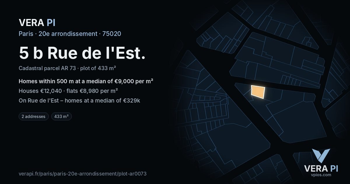 5 b Rue de l'Est, 20e arrondissement at night – the plot lit, the parcels around coloured by the prices near them