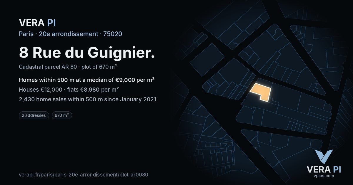 8 Rue du Guignier, 20e arrondissement at night – the plot lit, the parcels around coloured by the prices near them