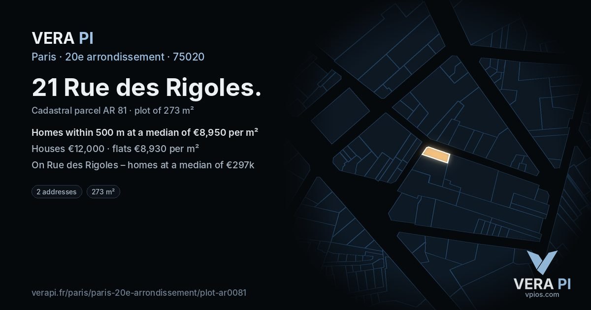 21 Rue des Rigoles, 20e arrondissement at night – the plot lit, the parcels around coloured by the prices near them