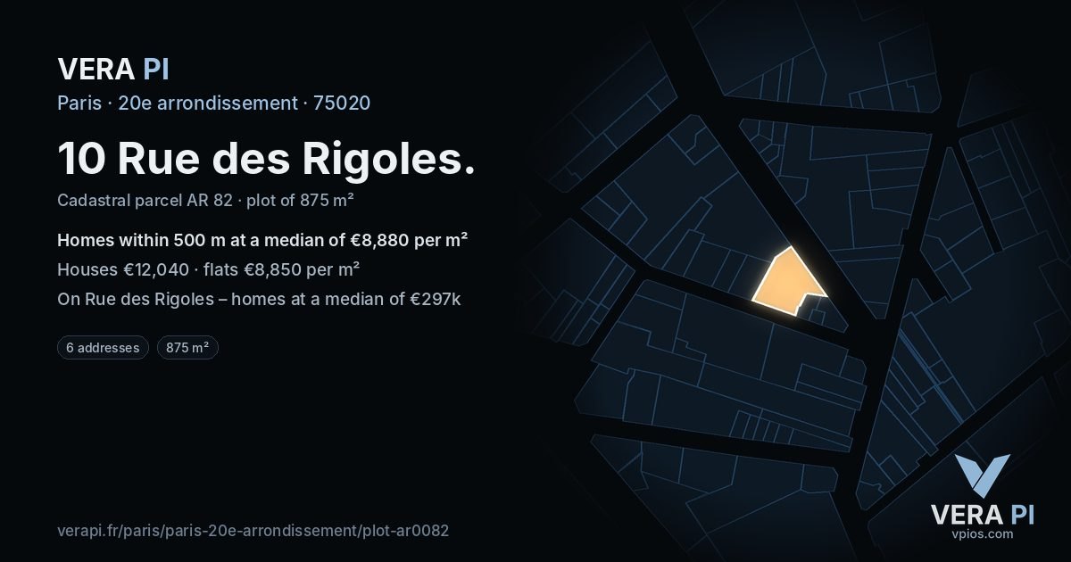10 Rue des Rigoles, 20e arrondissement at night – the plot lit, the parcels around coloured by the prices near them