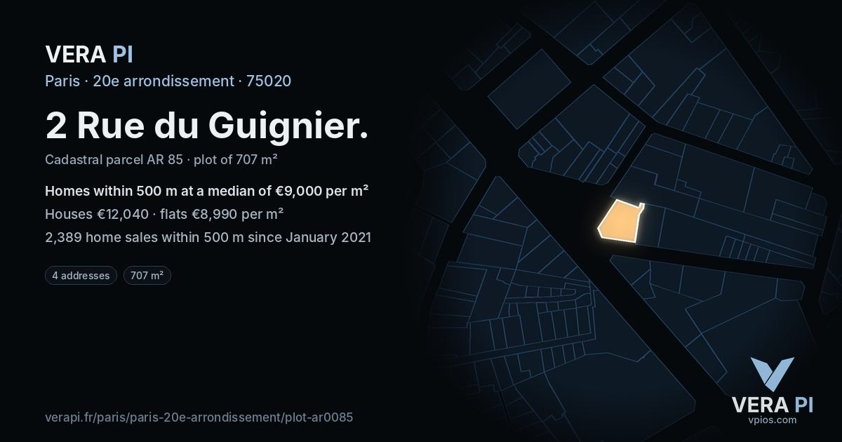 2 Rue du Guignier, 20e arrondissement at night – the plot lit, the parcels around coloured by the prices near them