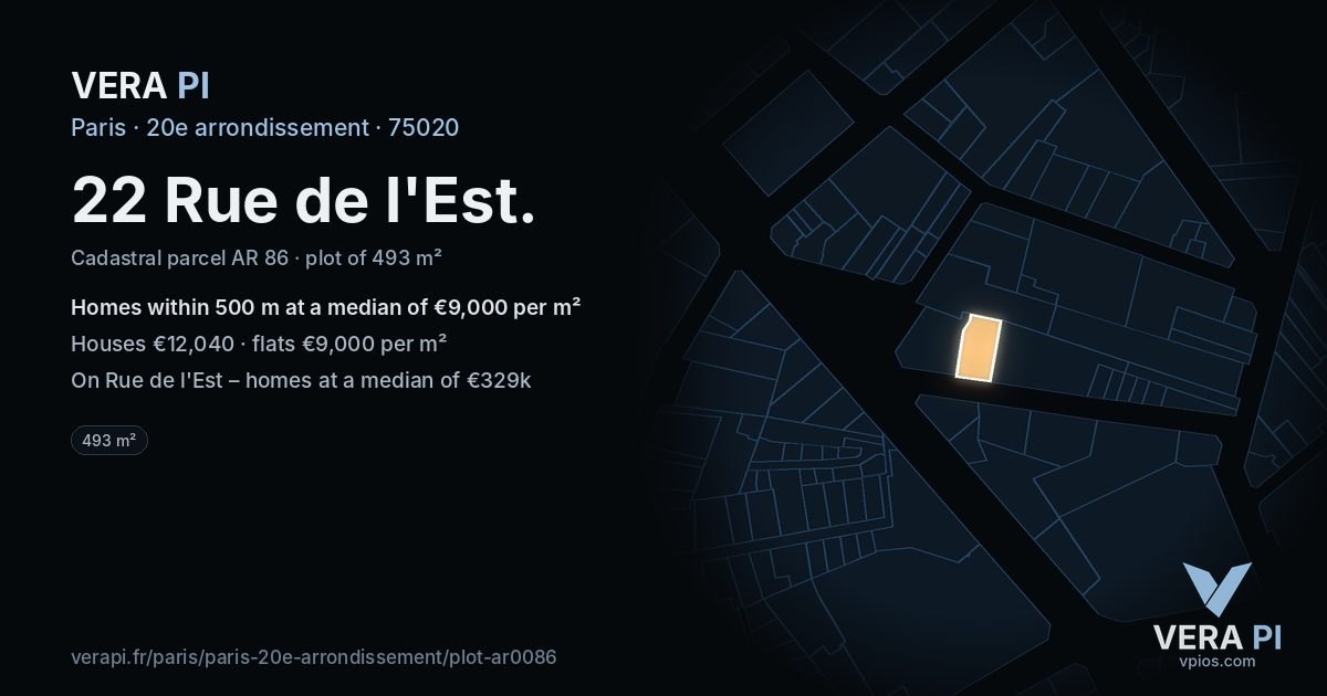 22 Rue de l'Est, 20e arrondissement at night – the plot lit, the parcels around coloured by the prices near them