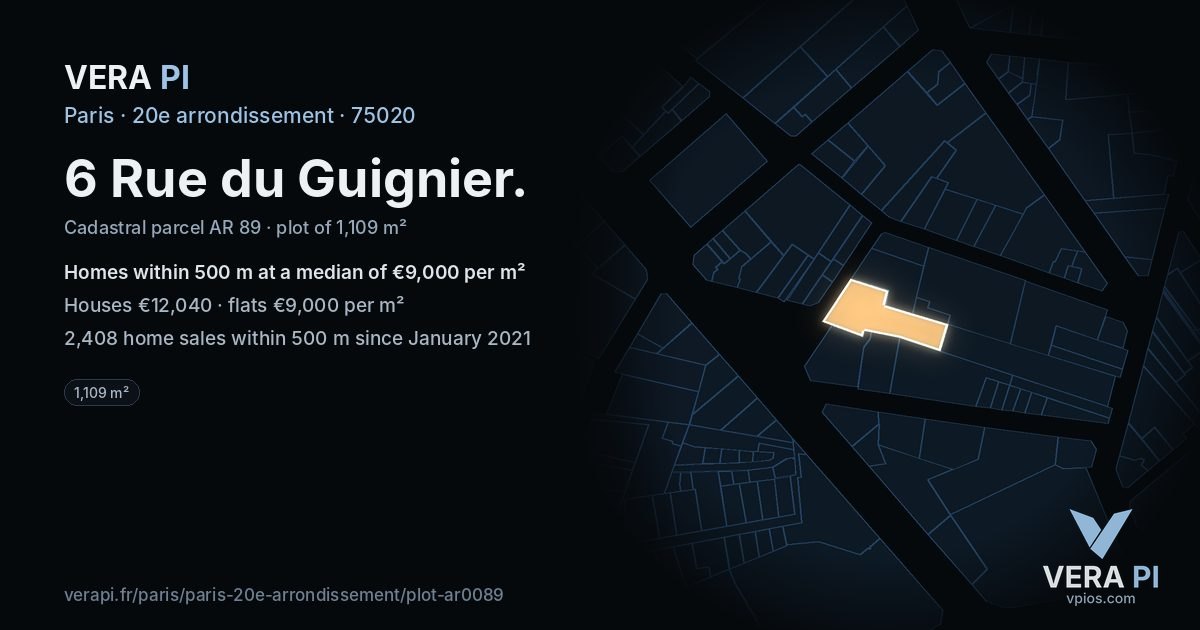 6 Rue du Guignier, 20e arrondissement at night – the plot lit, the parcels around coloured by the prices near them