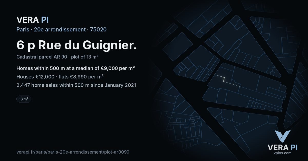 6 p Rue du Guignier, 20e arrondissement at night – the plot lit, the parcels around coloured by the prices near them
