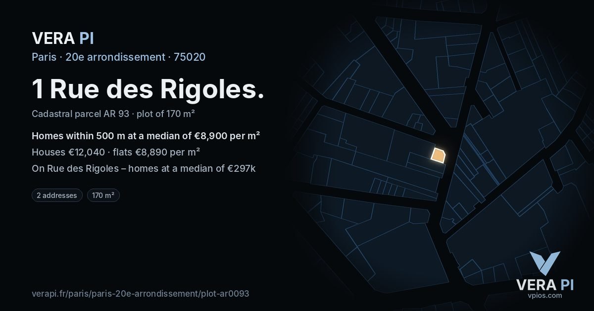 1 Rue des Rigoles, 20e arrondissement at night – the plot lit, the parcels around coloured by the prices near them