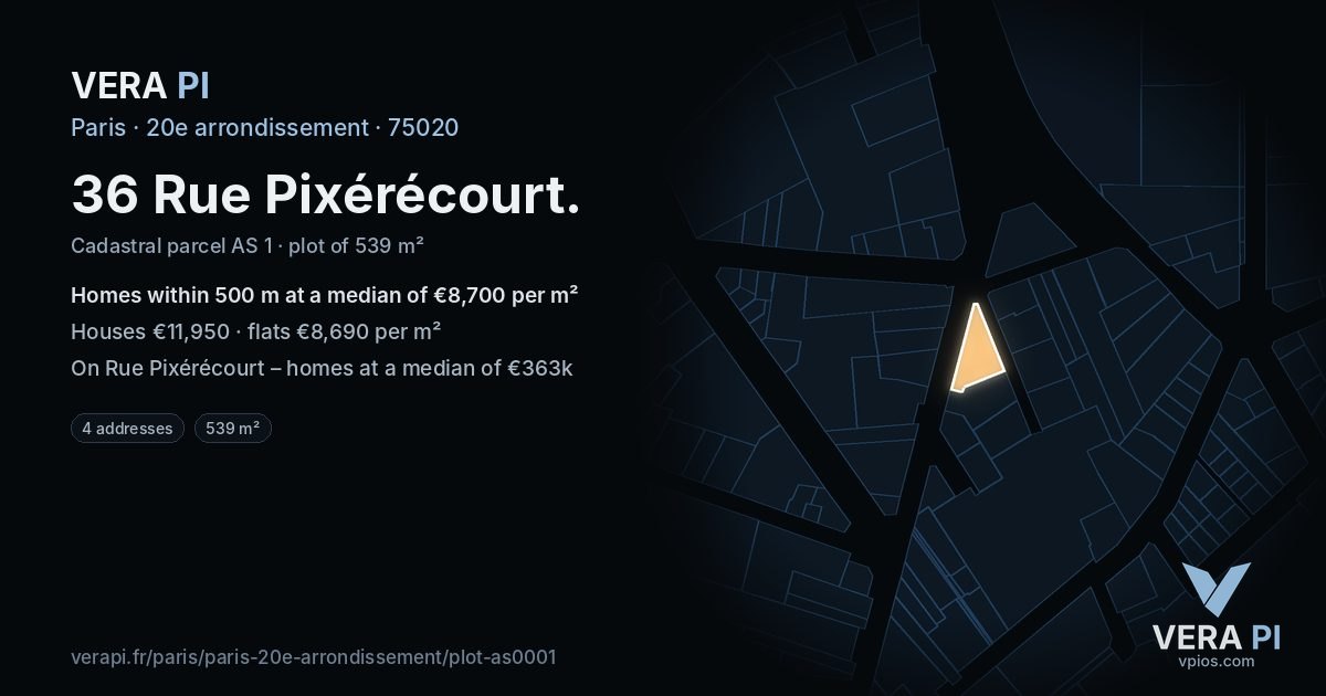 36 Rue Pixérécourt, 20e arrondissement at night – the plot lit, the parcels around coloured by the prices near them
