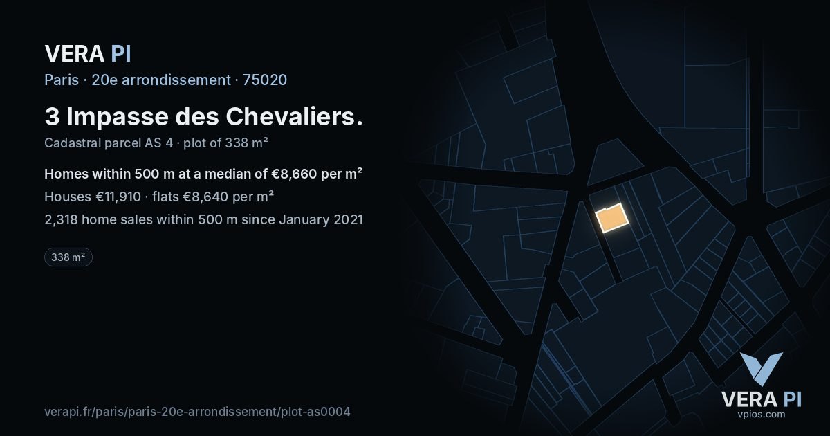 3 Impasse des Chevaliers, 20e arrondissement at night – the plot lit, the parcels around coloured by the prices near them