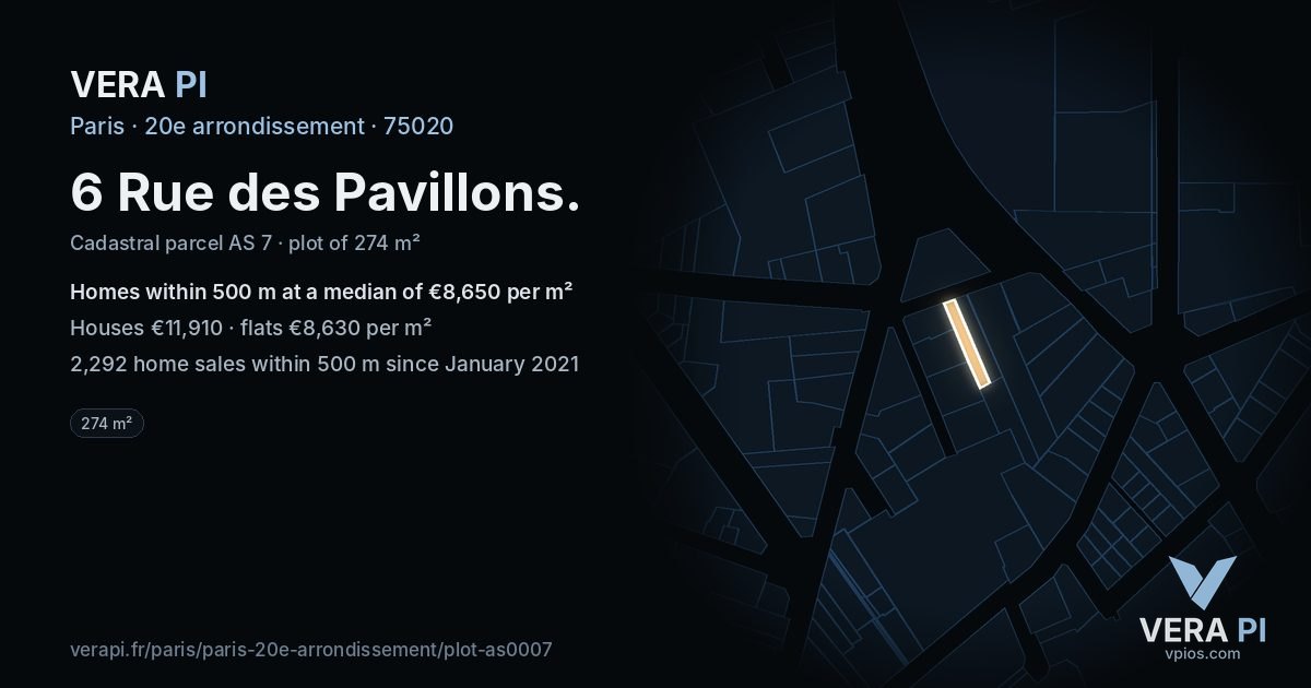 6 Rue des Pavillons, 20e arrondissement at night – the plot lit, the parcels around coloured by the prices near them
