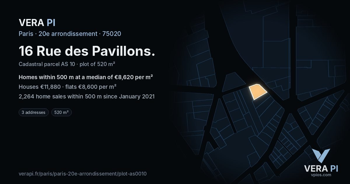 16 Rue des Pavillons, 20e arrondissement at night – the plot lit, the parcels around coloured by the prices near them