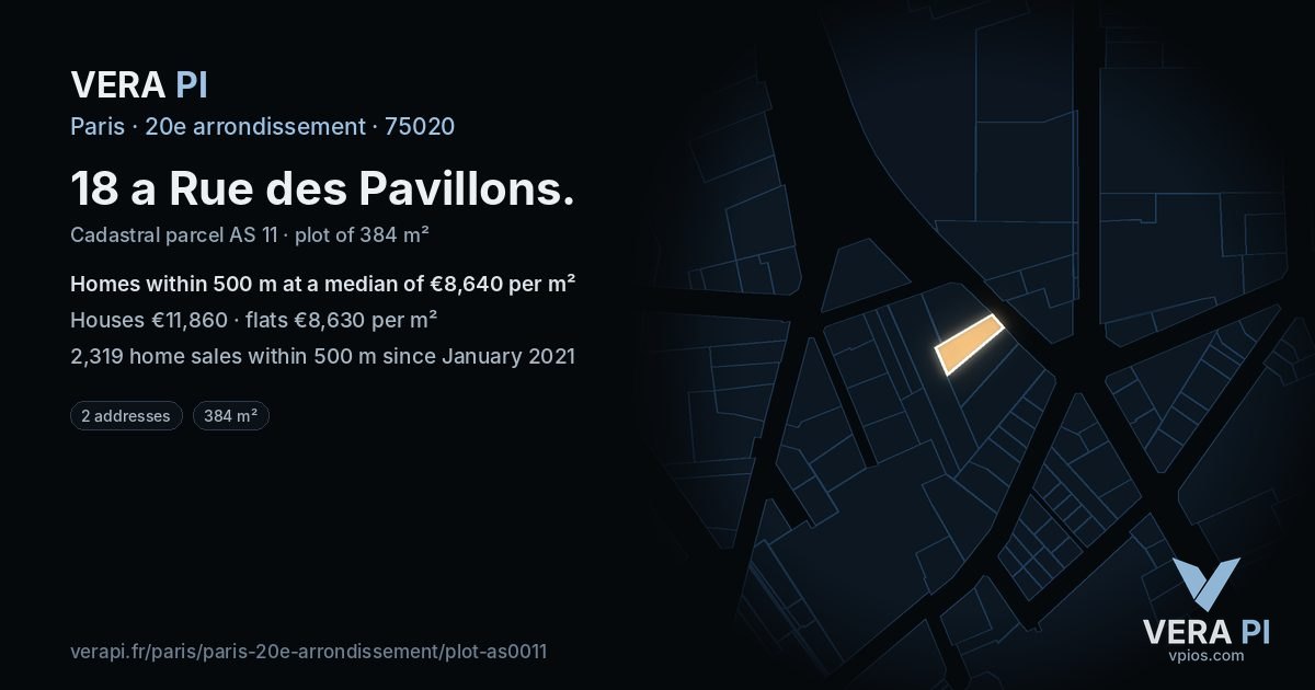 18 a Rue des Pavillons, 20e arrondissement at night – the plot lit, the parcels around coloured by the prices near them