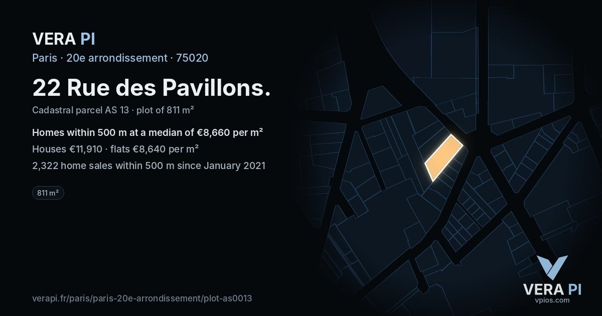 22 Rue des Pavillons, 20e arrondissement at night – the plot lit, the parcels around coloured by the prices near them