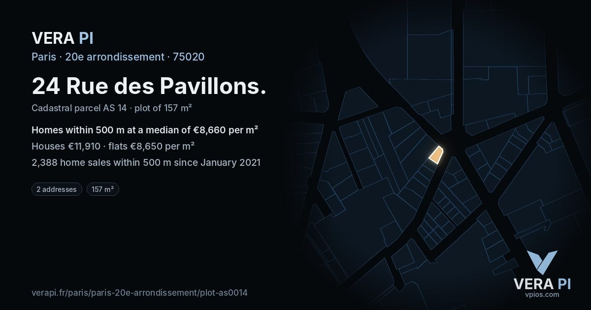24 Rue des Pavillons, 20e arrondissement at night – the plot lit, the parcels around coloured by the prices near them