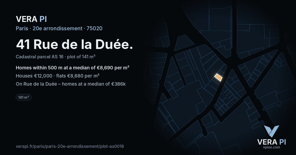 41 Rue de la Duée, 20e arrondissement at night – the plot lit, the parcels around coloured by the prices near them