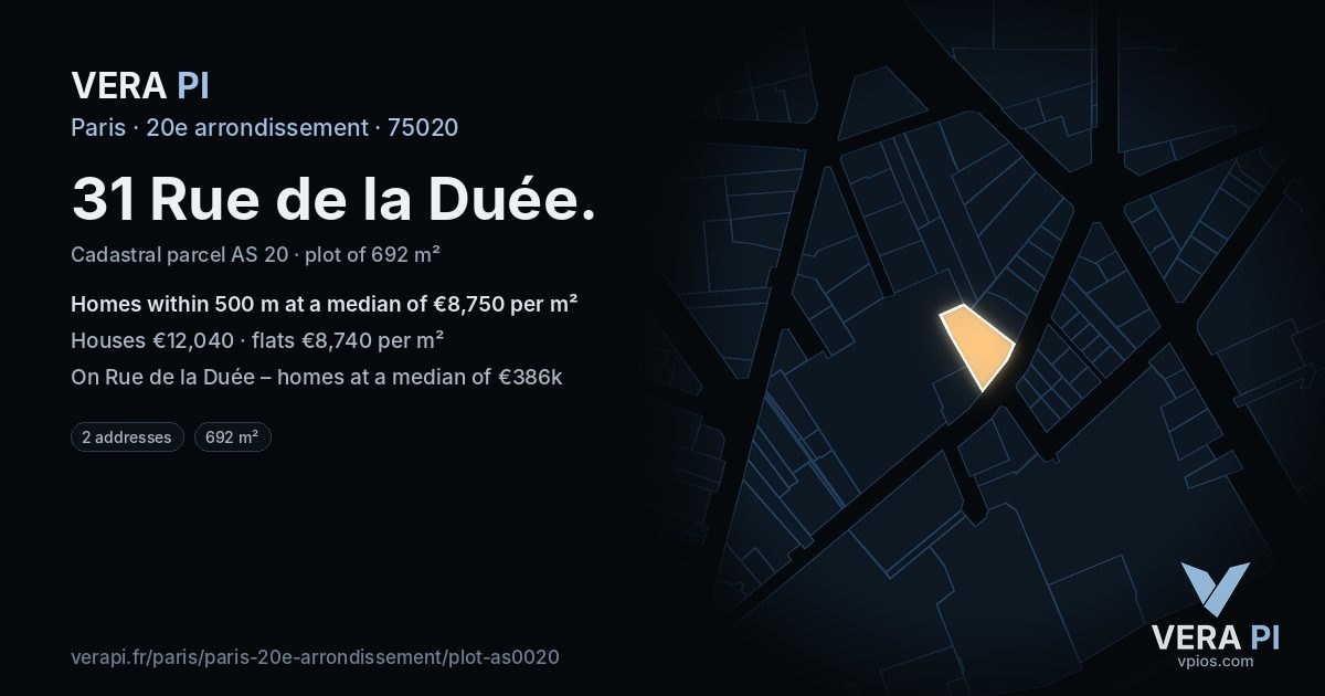 31 Rue de la Duée, 20e arrondissement at night – the plot lit, the parcels around coloured by the prices near them