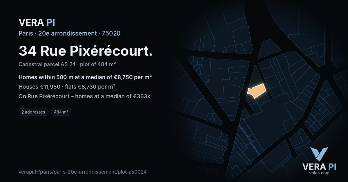 34 Rue Pixérécourt, 20e arrondissement at night – the plot lit, the parcels around coloured by the prices near them