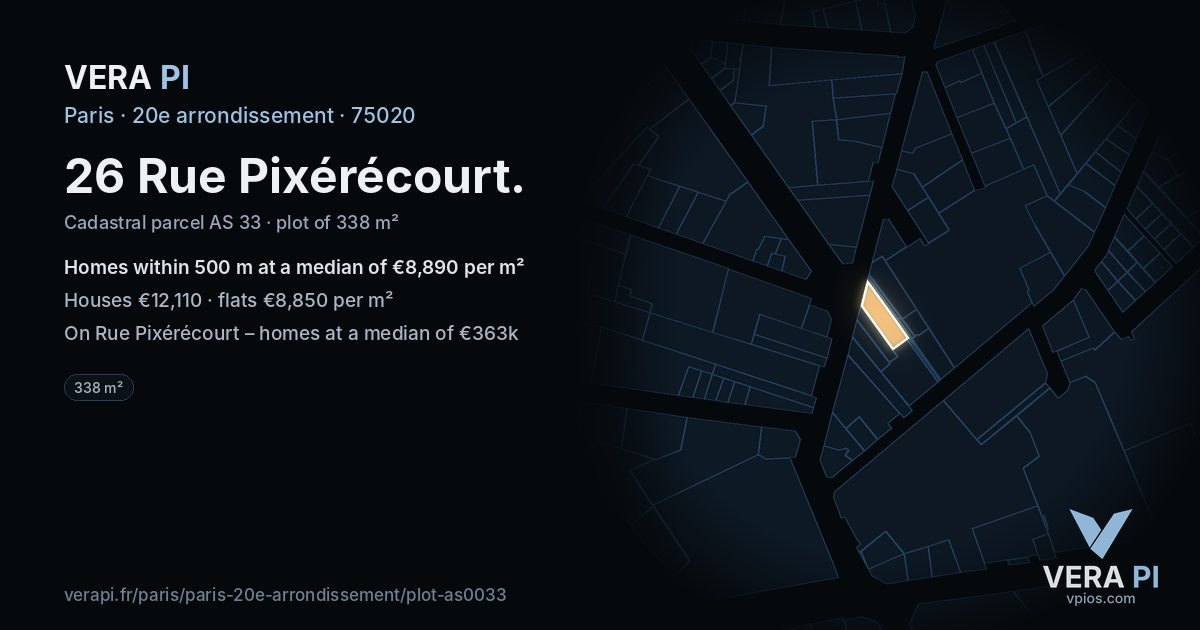 26 Rue Pixérécourt, 20e arrondissement at night – the plot lit, the parcels around coloured by the prices near them
