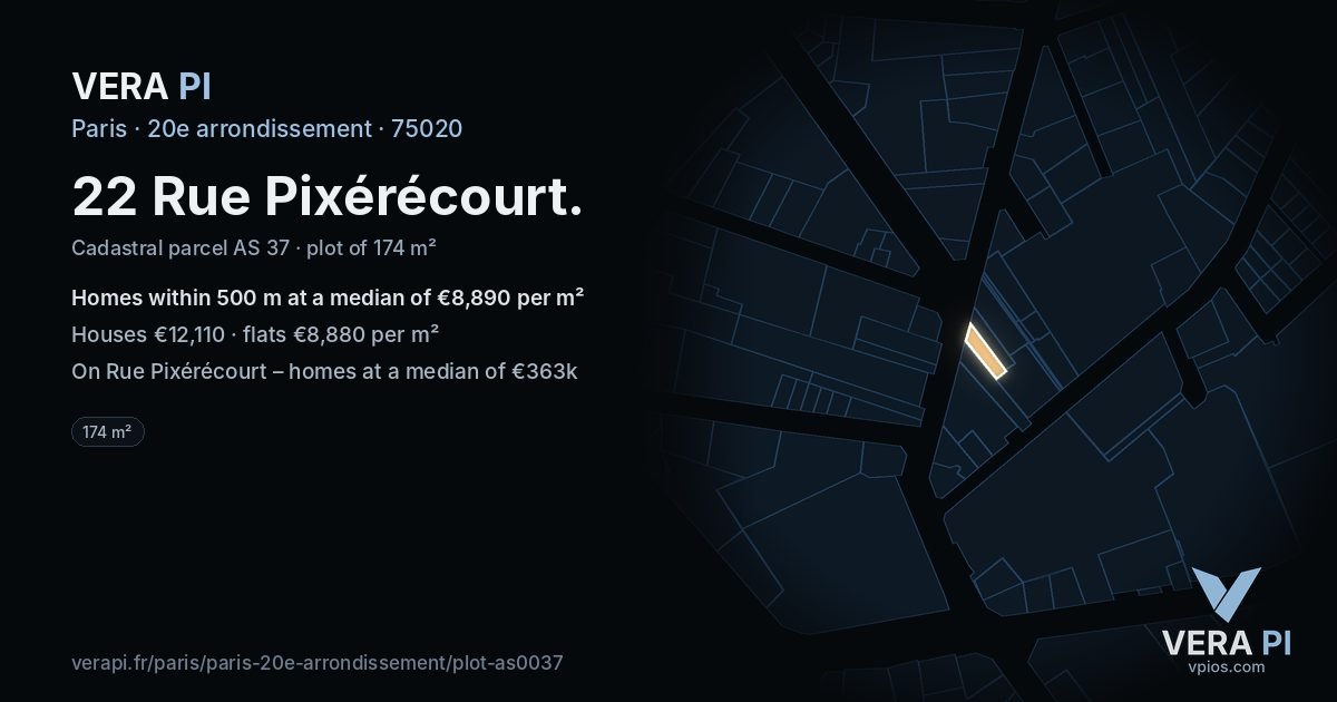 22 Rue Pixérécourt, 20e arrondissement at night – the plot lit, the parcels around coloured by the prices near them