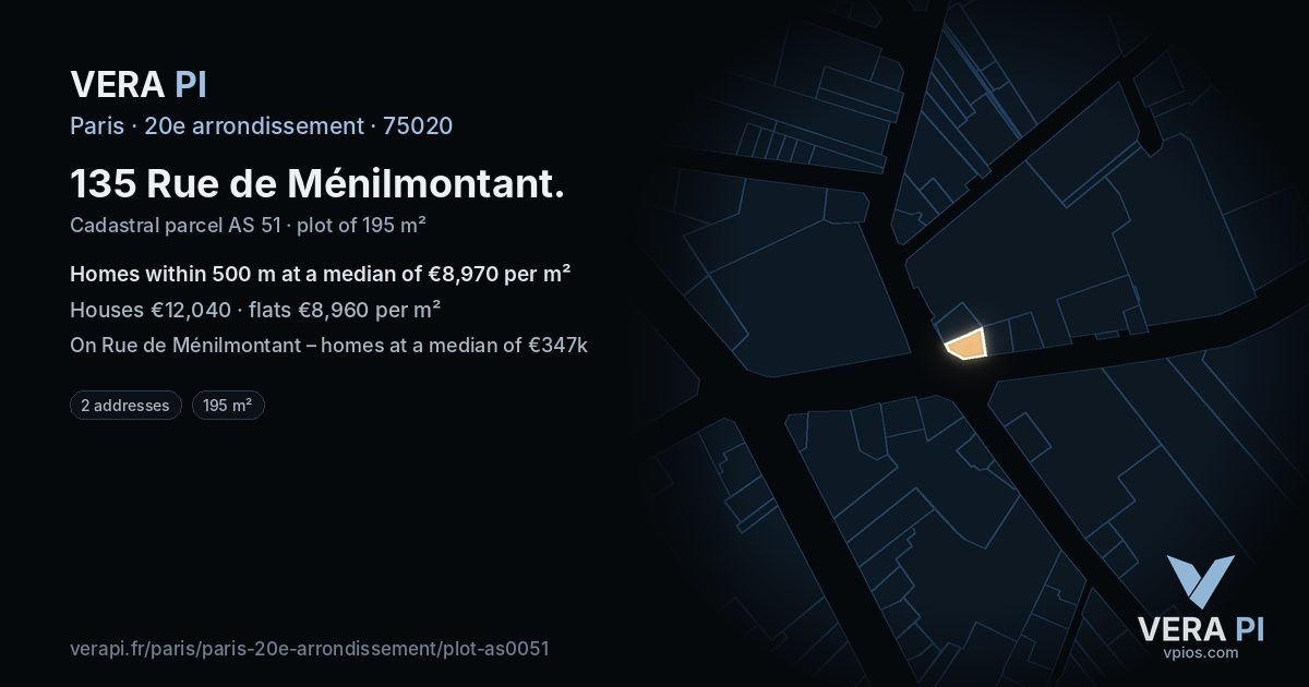 135 Rue de Ménilmontant, 20e arrondissement at night – the plot lit, the parcels around coloured by the prices near them