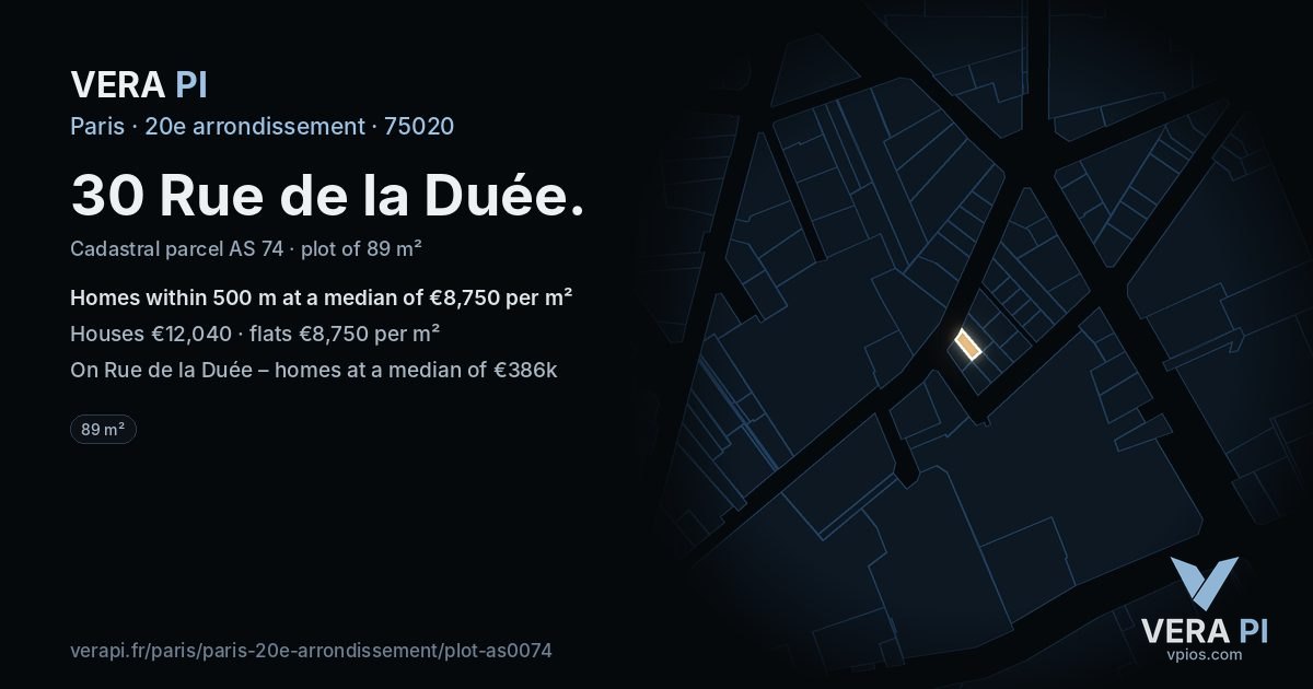 30 Rue de la Duée, 20e arrondissement at night – the plot lit, the parcels around coloured by the prices near them