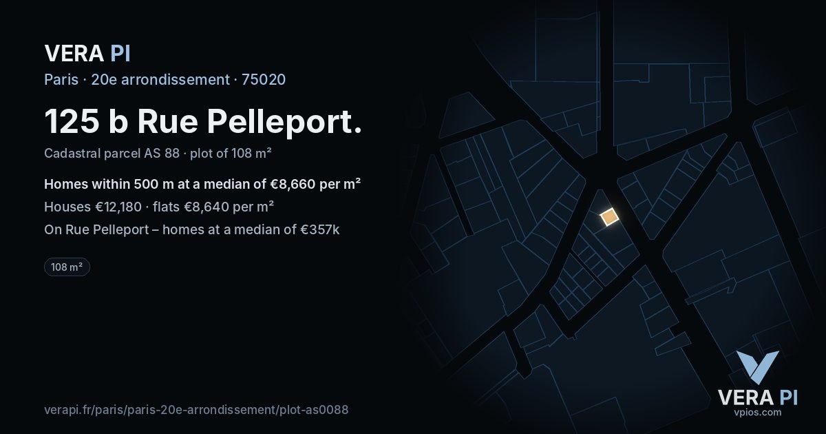 125 b Rue Pelleport, 20e arrondissement at night – the plot lit, the parcels around coloured by the prices near them