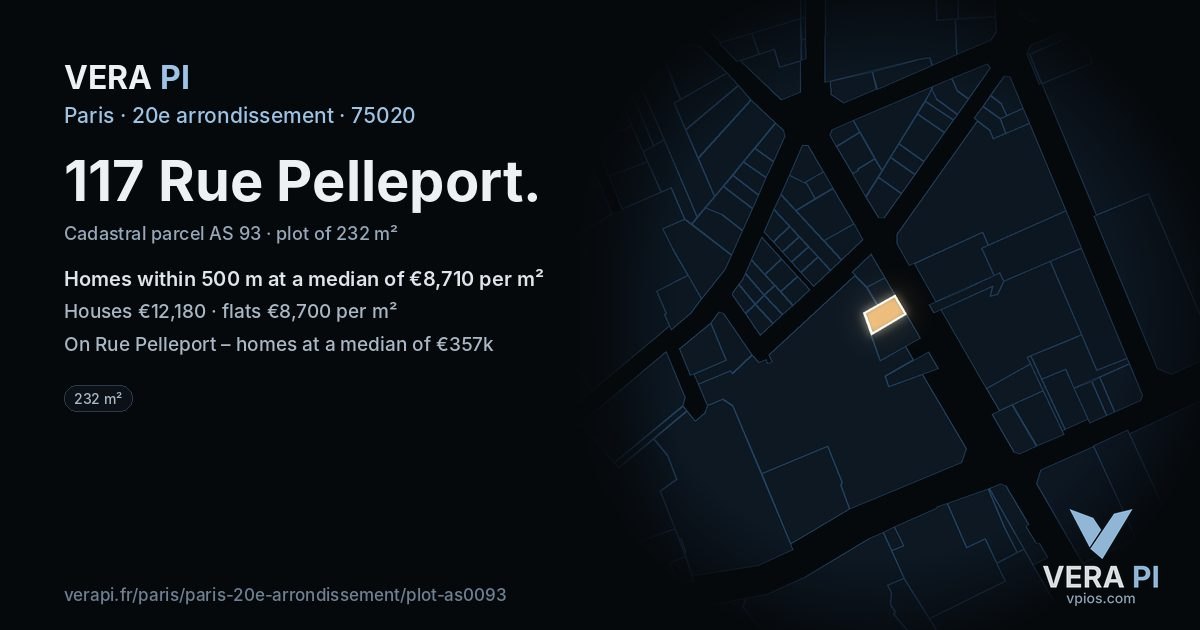 117 Rue Pelleport, 20e arrondissement at night – the plot lit, the parcels around coloured by the prices near them