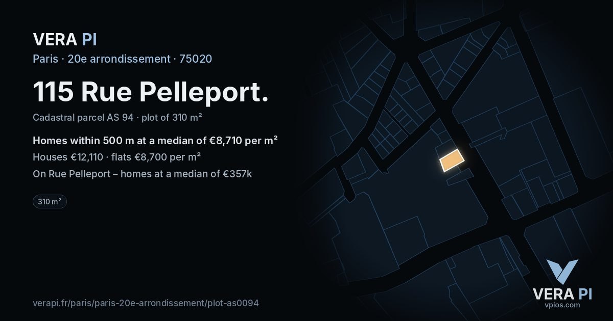 115 Rue Pelleport, 20e arrondissement at night – the plot lit, the parcels around coloured by the prices near them