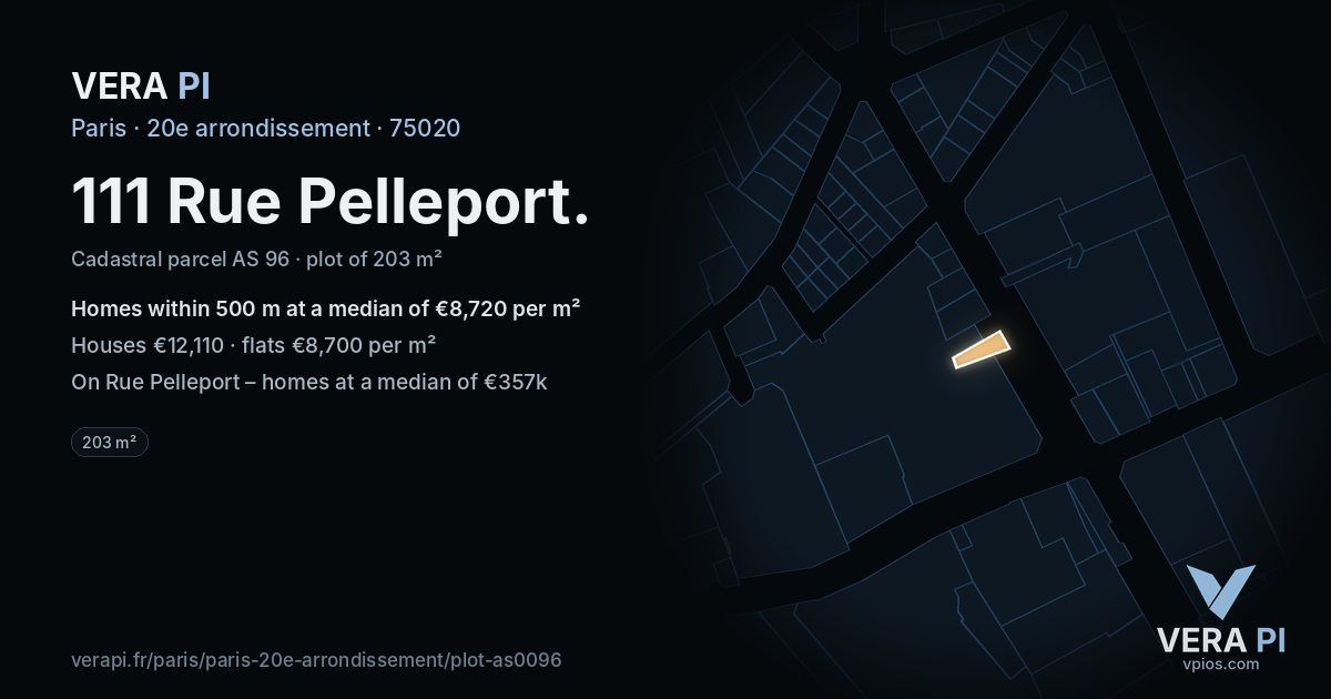 111 Rue Pelleport, 20e arrondissement at night – the plot lit, the parcels around coloured by the prices near them