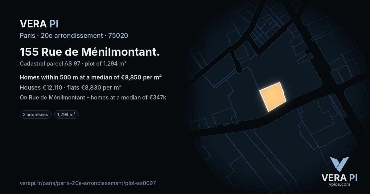 155 Rue de Ménilmontant, 20e arrondissement at night – the plot lit, the parcels around coloured by the prices near them