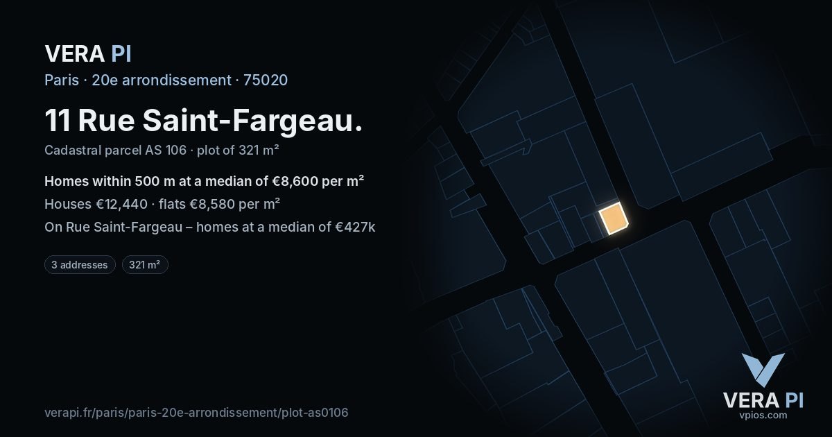 11 Rue Saint-Fargeau, 20e arrondissement at night – the plot lit, the parcels around coloured by the prices near them