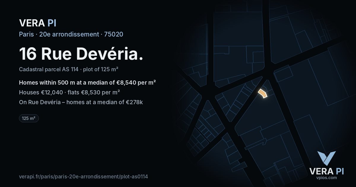 16 Rue Devéria, 20e arrondissement at night – the plot lit, the parcels around coloured by the prices near them