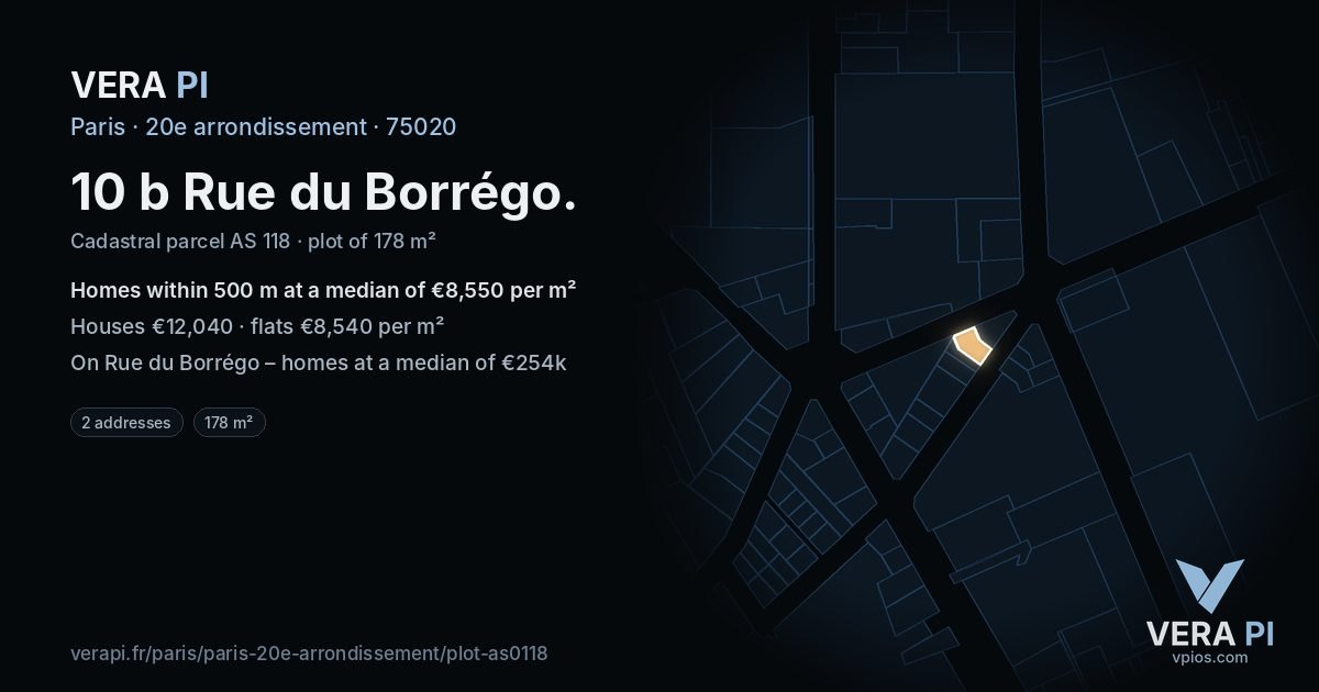 10 b Rue du Borrégo, 20e arrondissement at night – the plot lit, the parcels around coloured by the prices near them