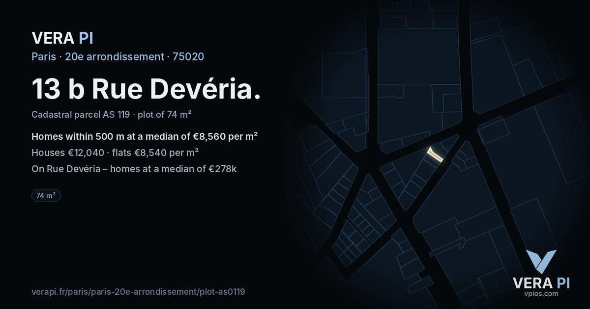 13 b Rue Devéria, 20e arrondissement at night – the plot lit, the parcels around coloured by the prices near them