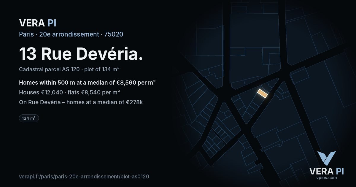 13 Rue Devéria, 20e arrondissement at night – the plot lit, the parcels around coloured by the prices near them