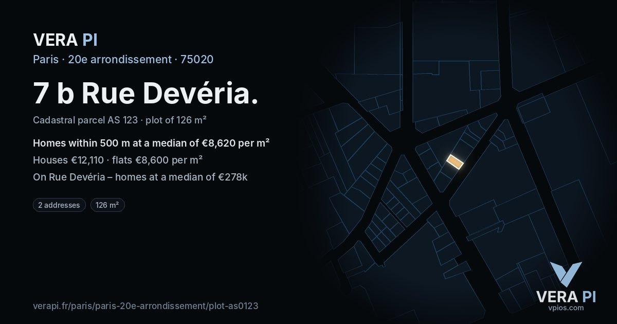 7 b Rue Devéria, 20e arrondissement at night – the plot lit, the parcels around coloured by the prices near them