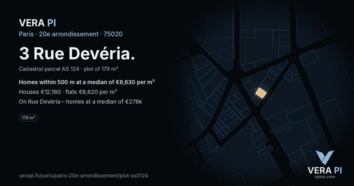 3 Rue Devéria, 20e arrondissement at night – the plot lit, the parcels around coloured by the prices near them