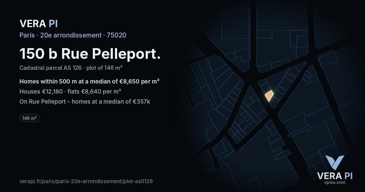 150 b Rue Pelleport, 20e arrondissement at night – the plot lit, the parcels around coloured by the prices near them