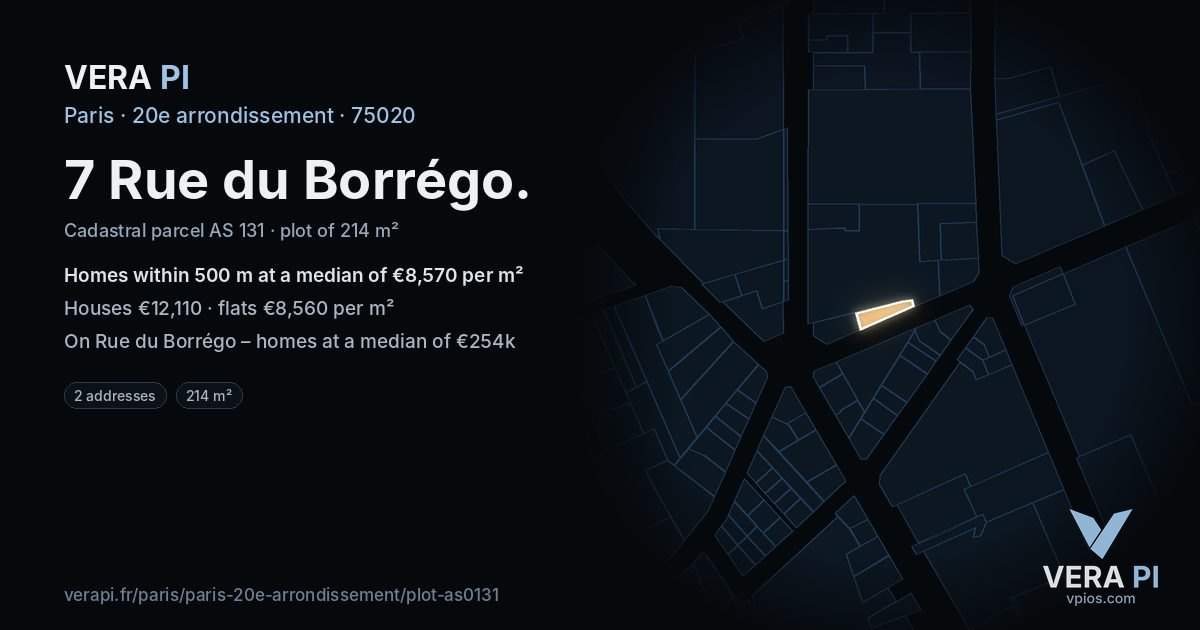 7 Rue du Borrégo, 20e arrondissement at night – the plot lit, the parcels around coloured by the prices near them