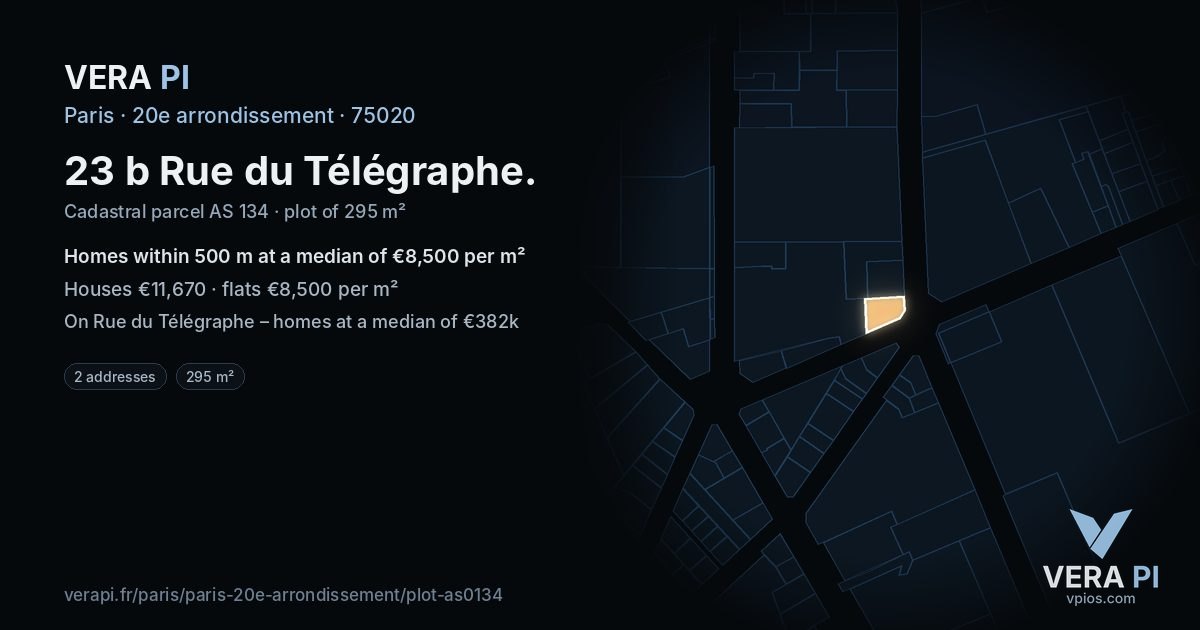 23 b Rue du Télégraphe, 20e arrondissement at night – the plot lit, the parcels around coloured by the prices near them