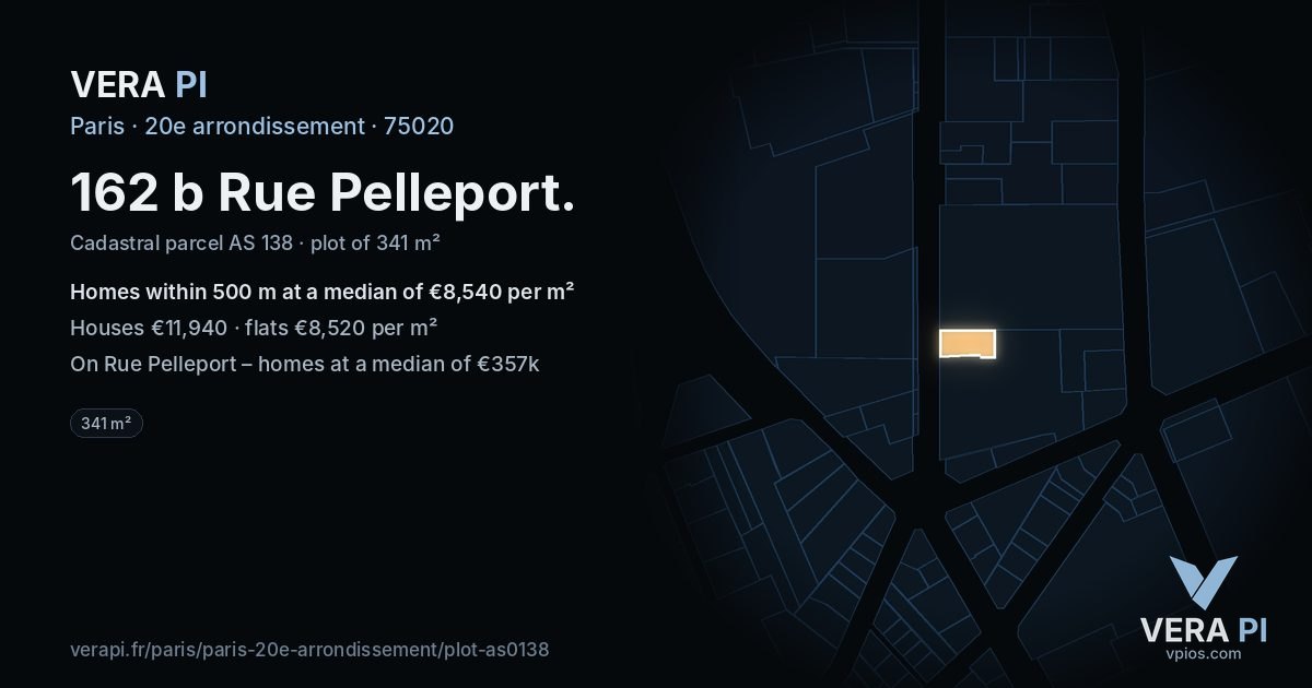 162 b Rue Pelleport, 20e arrondissement at night – the plot lit, the parcels around coloured by the prices near them
