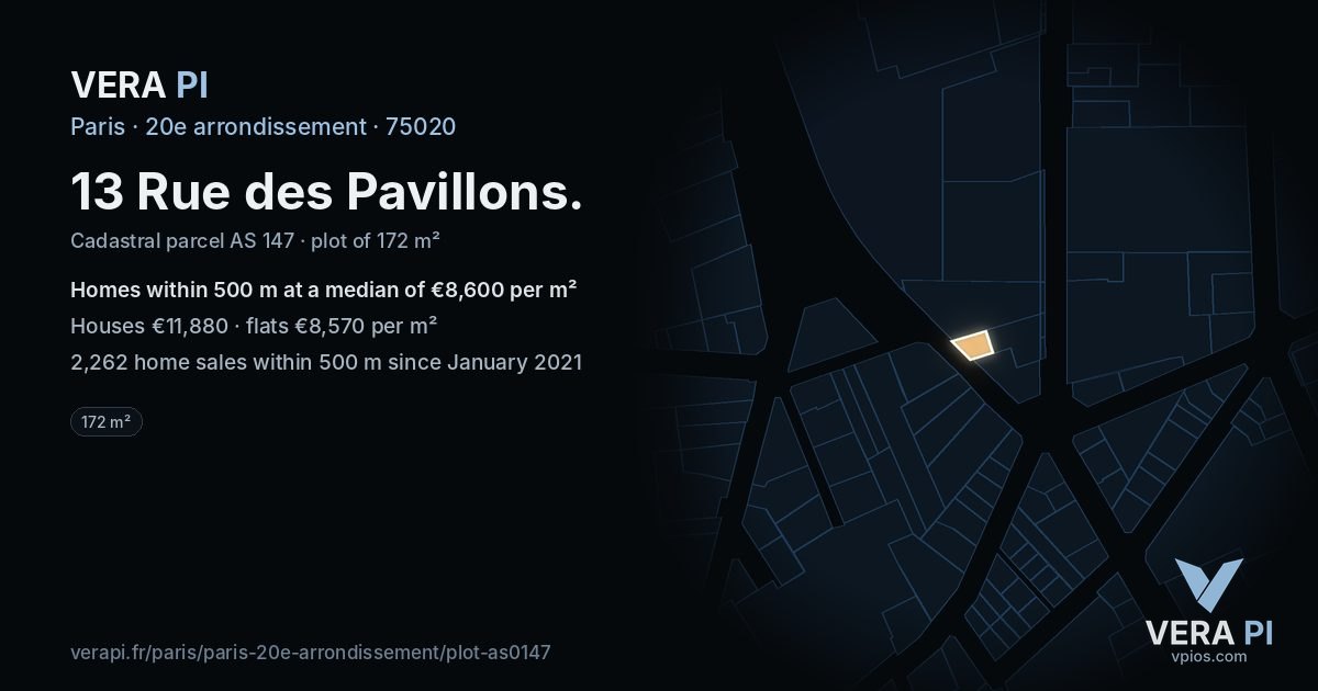 13 Rue des Pavillons, 20e arrondissement at night – the plot lit, the parcels around coloured by the prices near them
