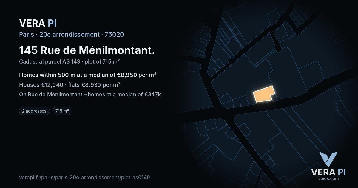 145 Rue de Ménilmontant, 20e arrondissement at night – the plot lit, the parcels around coloured by the prices near them
