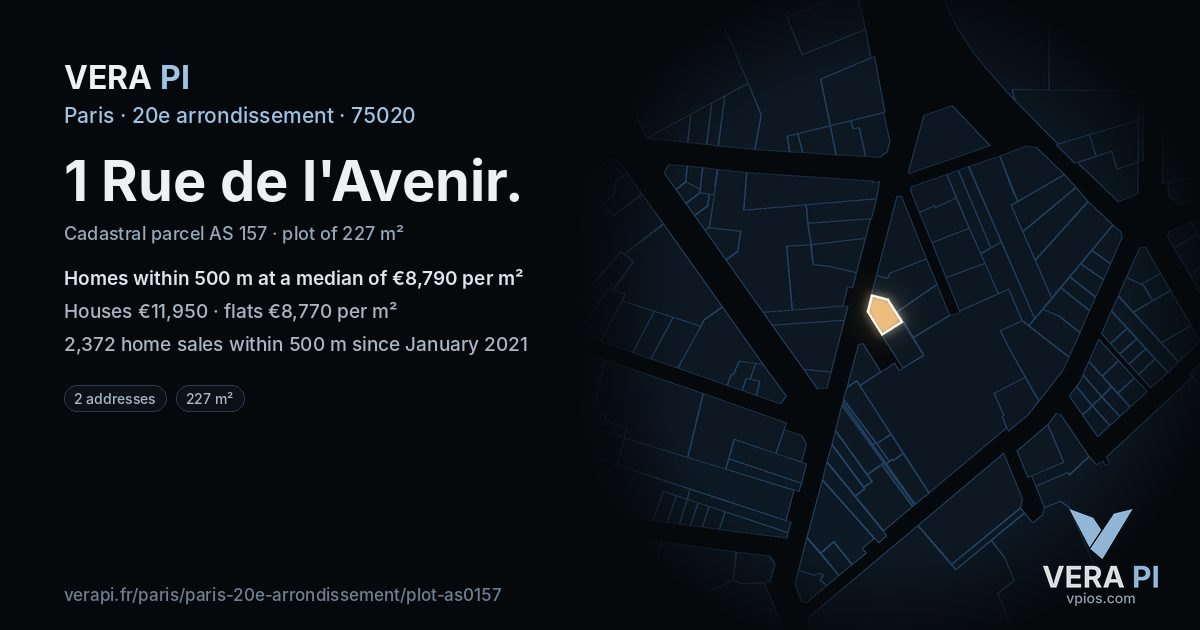 1 Rue de l'Avenir, 20e arrondissement at night – the plot lit, the parcels around coloured by the prices near them