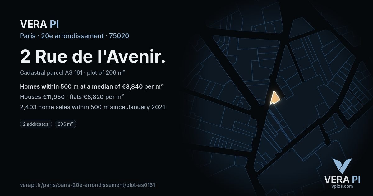 2 Rue de l'Avenir, 20e arrondissement at night – the plot lit, the parcels around coloured by the prices near them